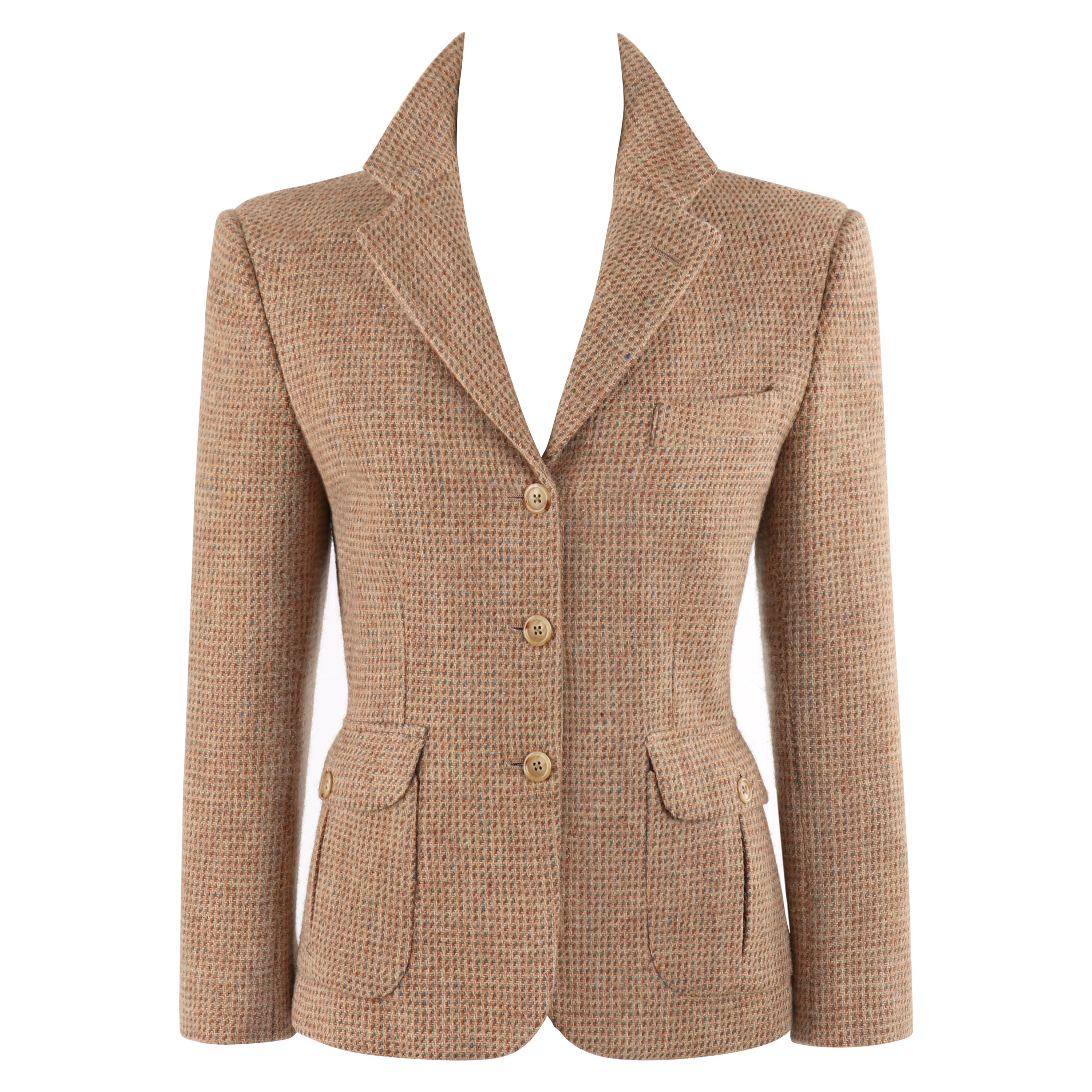 RALPH LAUREN c.1970's Brown Tan Tweed Wool Fitted Button Up Blazer Coat Jacket  For Sale