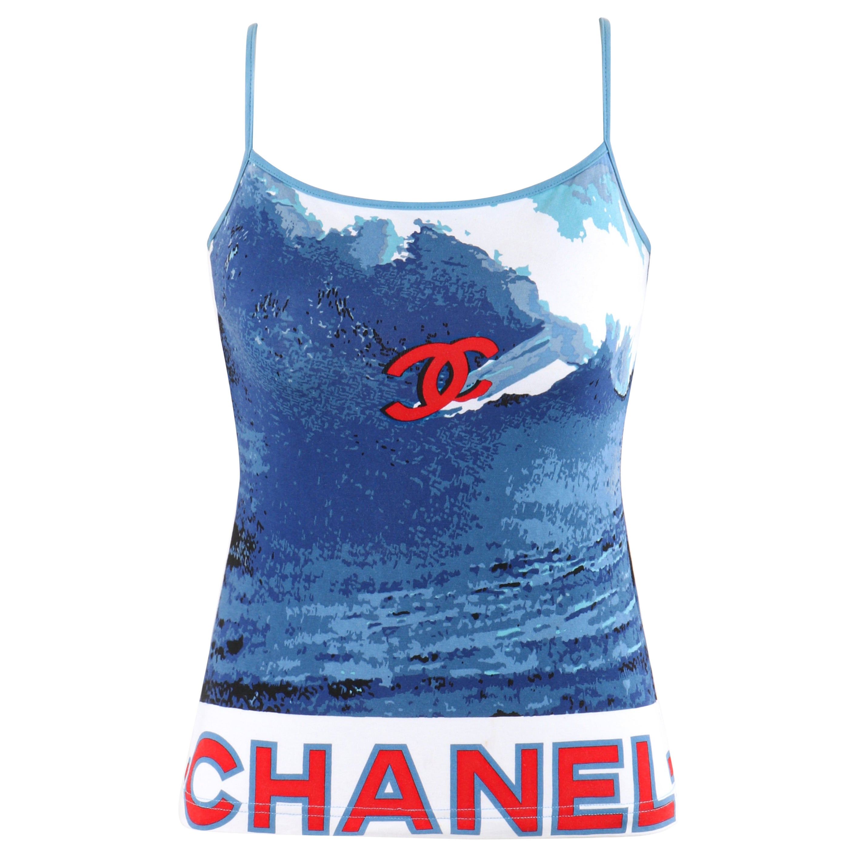 CHANEL 2002 Red White Blue CC Surf Wave Print Stretch Elastic Strap Tank Top For Sale