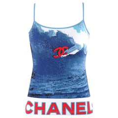 CHANEL 2002 Red White Blue CC Surf Wave Print Stretch Elastic Strap Tank Top