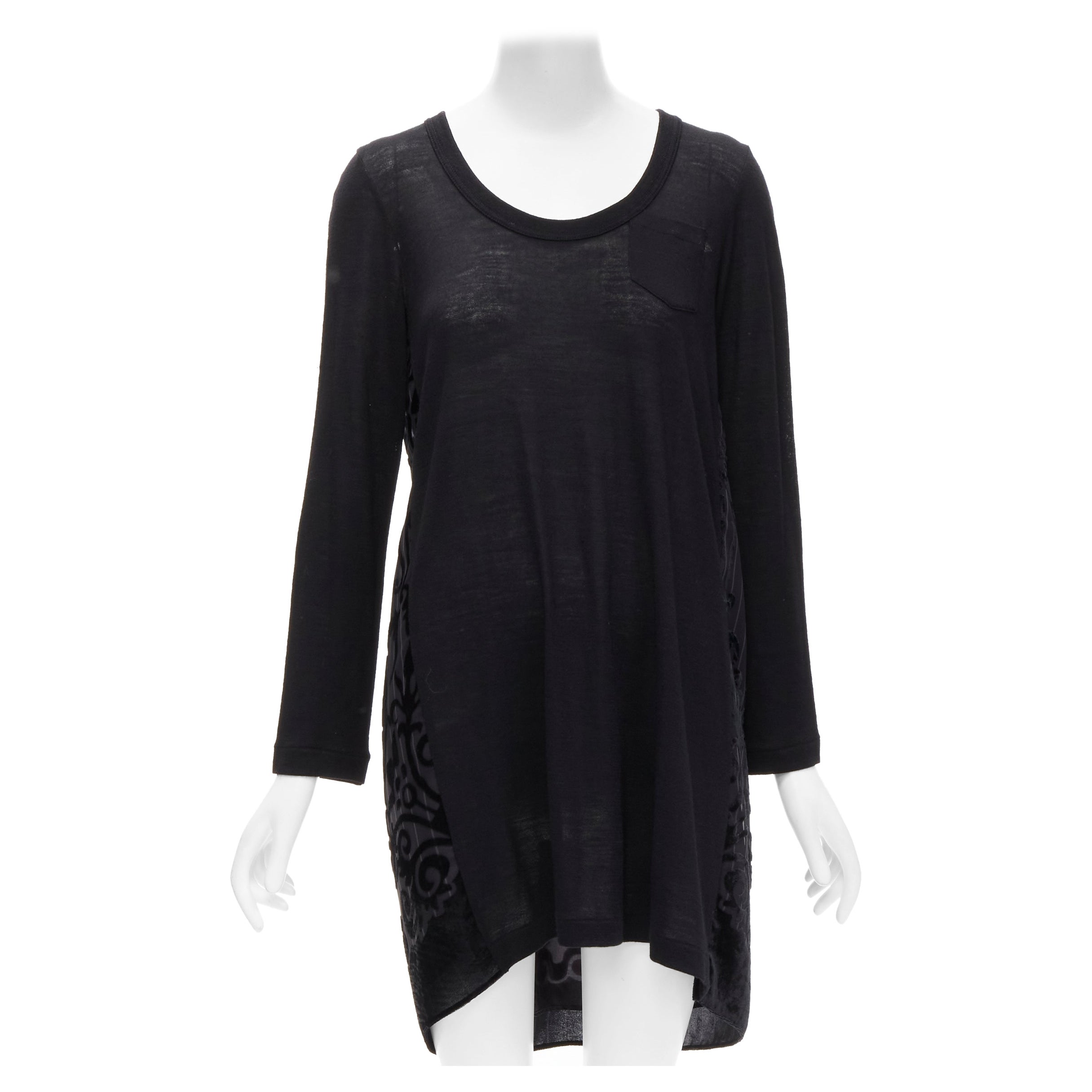 SACAI 2014 black 100% wool velvet devore striped sheer sweater dress JP2 M For Sale