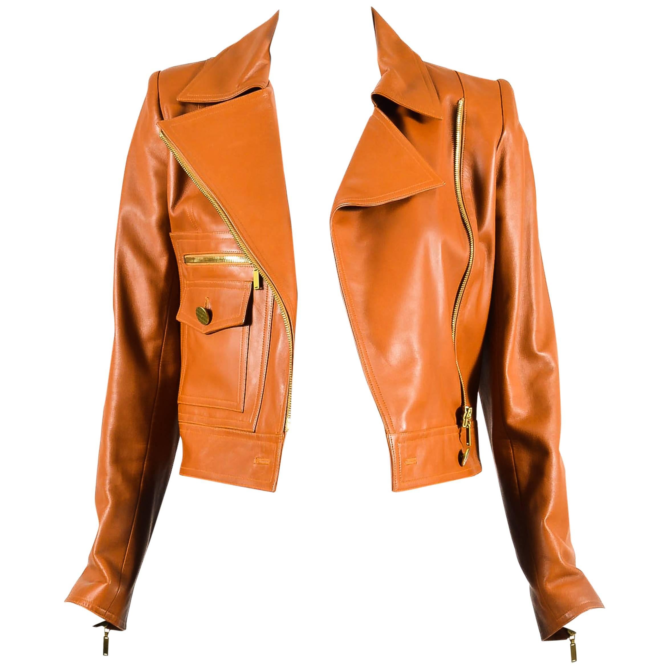 Chanel 01P Brown Leather Asymmetrical Pocket Zip Long Sleeve Moto Jacket SZ 36 For Sale