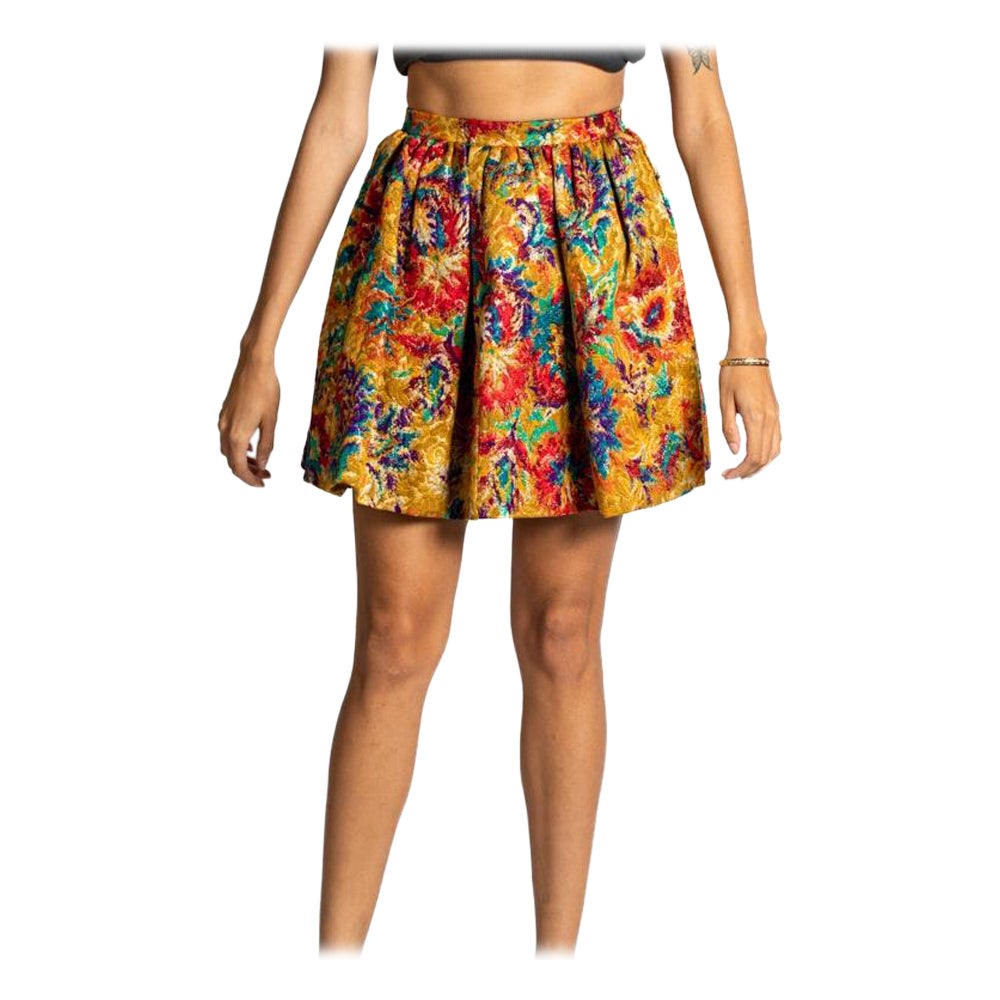 1990S CAROLYNE ROEHM Jewel-Tone Silk & Lurex Brocade Mini Skirt For Sale