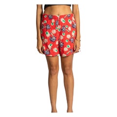 Vintage 1940S Red Cotton Twill Men's Unisex Bathing Suit Shorts With Palm Tree Print