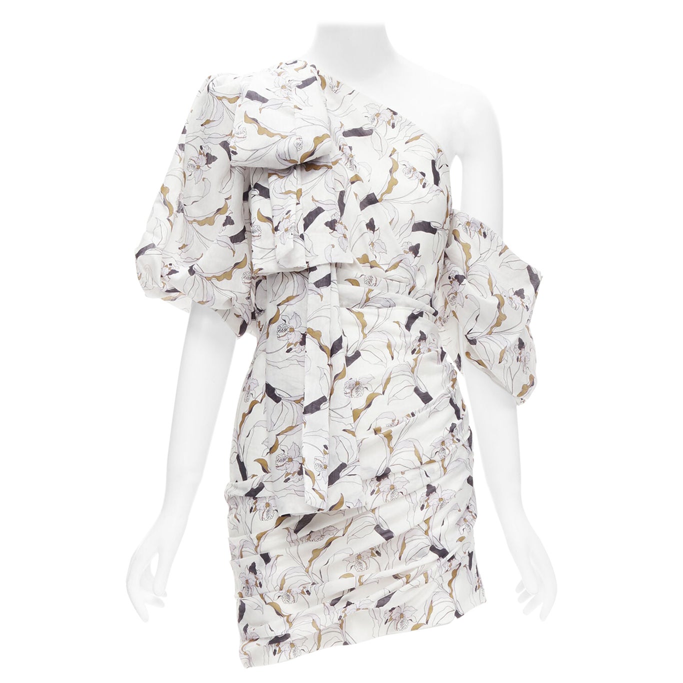ACLER Robe à manches bouffantes Maves avec imprimé floral blanc et nœud papillon taille US 2 XS en vente