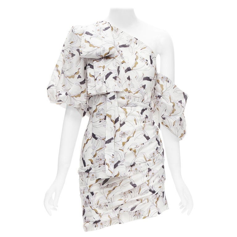 ACLER Maves white floral print bow off shoulder puff sleeve dress US2 XS  For Sale at 1stDibs
