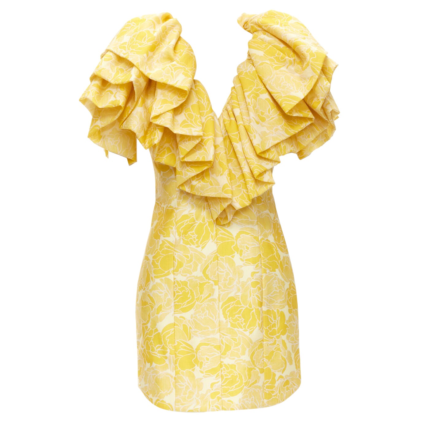 ACLER yellow floral print ruffle sweetheart neckline sheath dress US2 XS For Sale