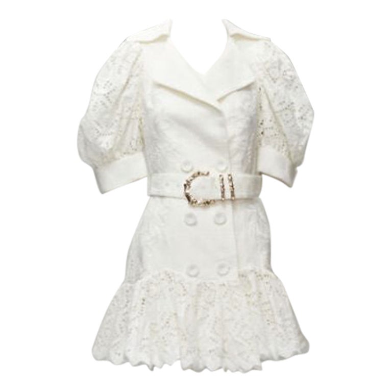 ACLER white embroidery eyelet puff sleeve belted double breasted dress US2 XS For Sale