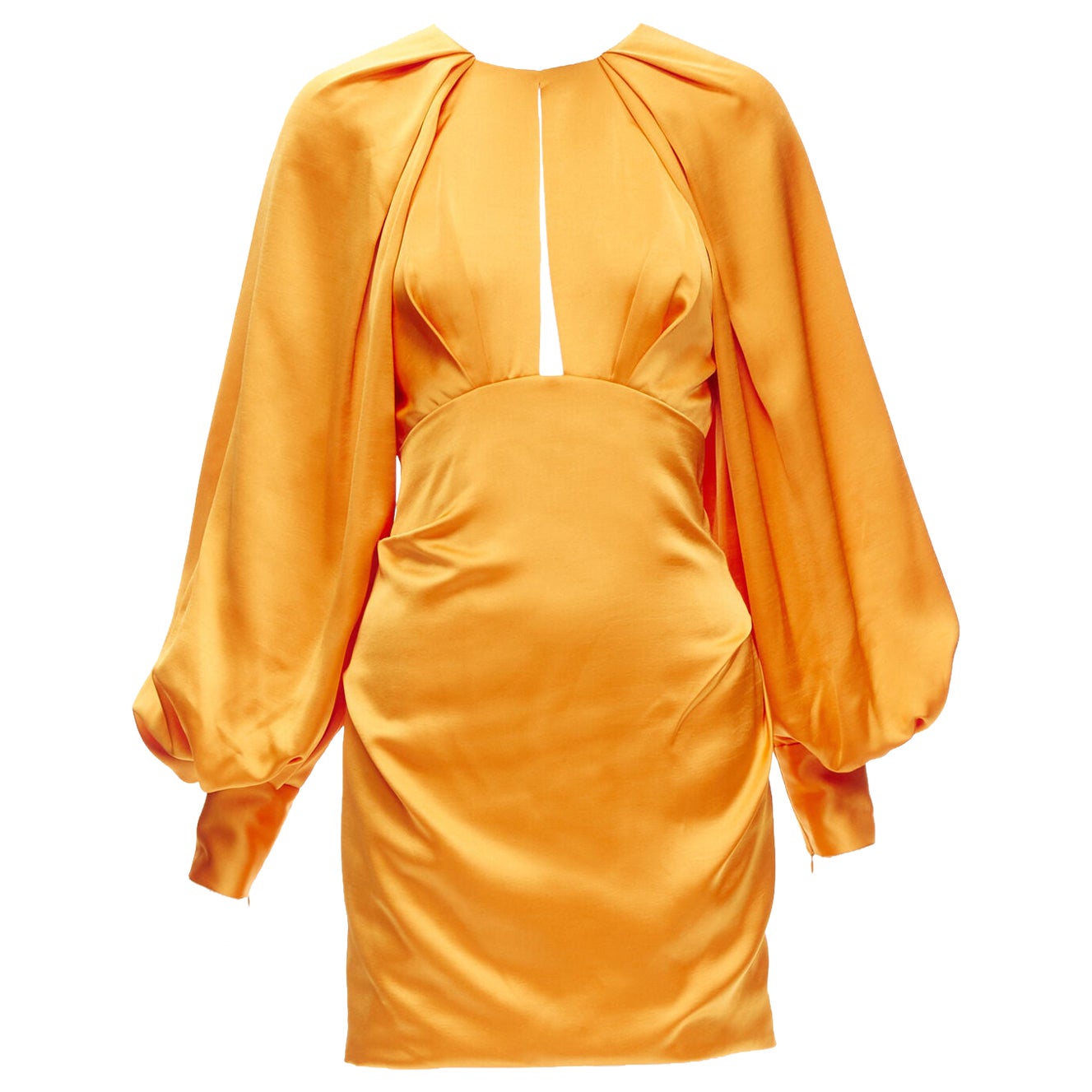 ACLER bright orange silky keyhole draped raglan puff sleeves mini dress US2 XS For Sale