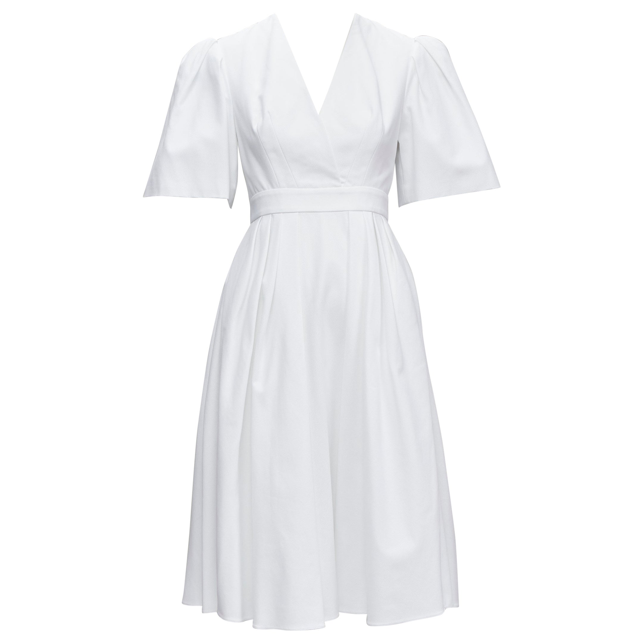 ALEXANDER MCQUEEN white structural bell sleeve V neck midi dress IT38 XS For Sale