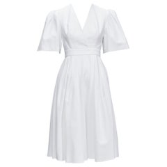 ALEXANDER MCQUEEN white structural bell sleeve V neck midi dress IT38 XS