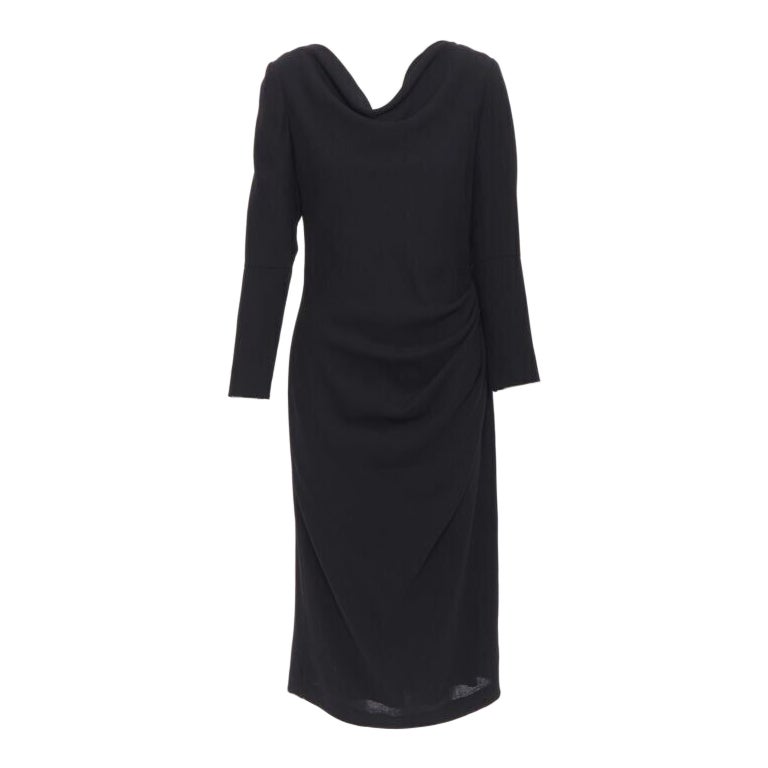 ALEXANDER MCQUEEN 100% wool black cowl neck draped waist knee length dress IT44 For Sale