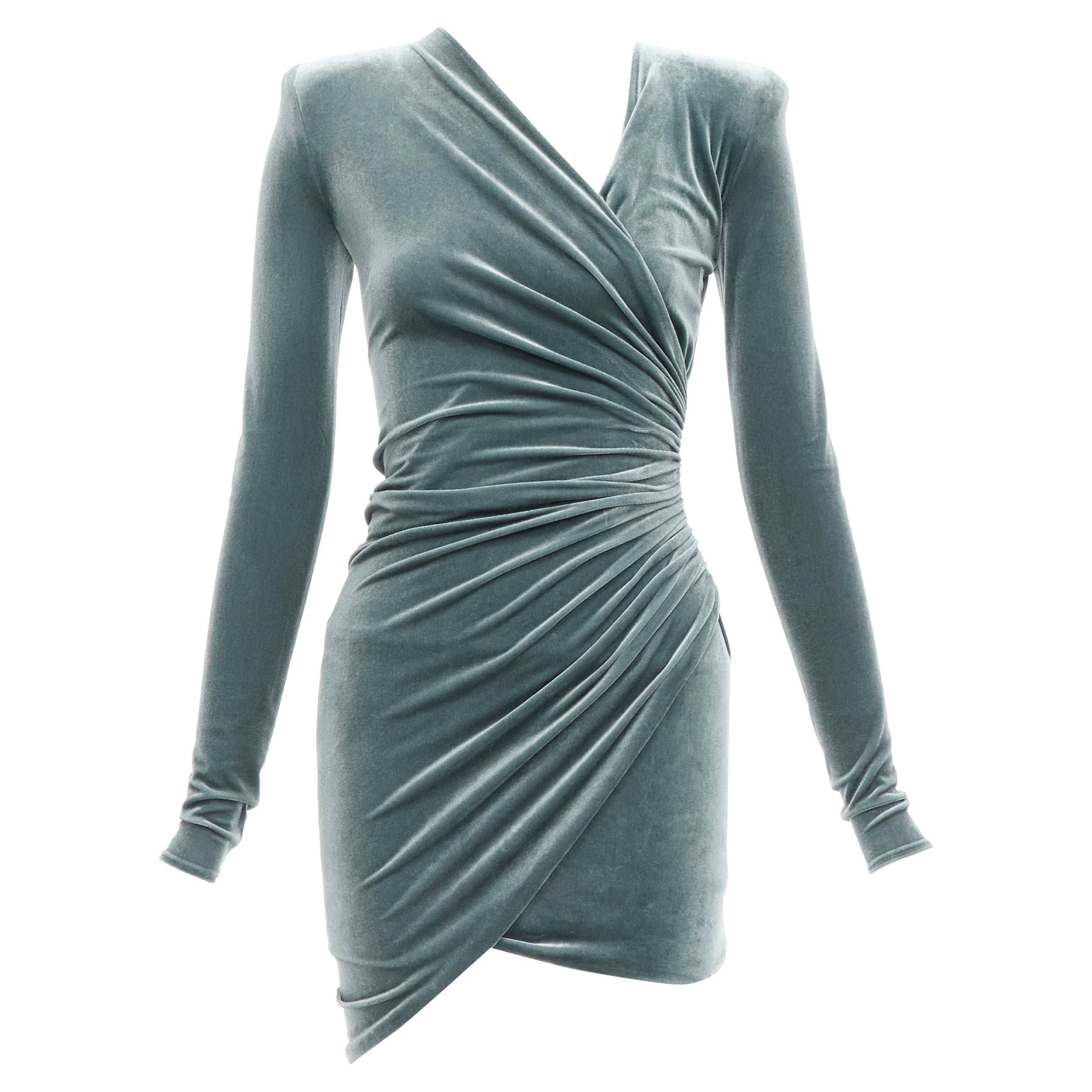 ALEXANDRE VAUTHIER grey wrap draped velvet V neck mini bodycon dress FR34 XS For Sale
