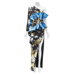GERMANIER gold metallic floral blue ruffle waist high slit one shoulder gown S
