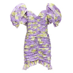 GIUSEPPE DI MORABITO purple yellow rose ruched puff sleeve mini dress IT38 XS