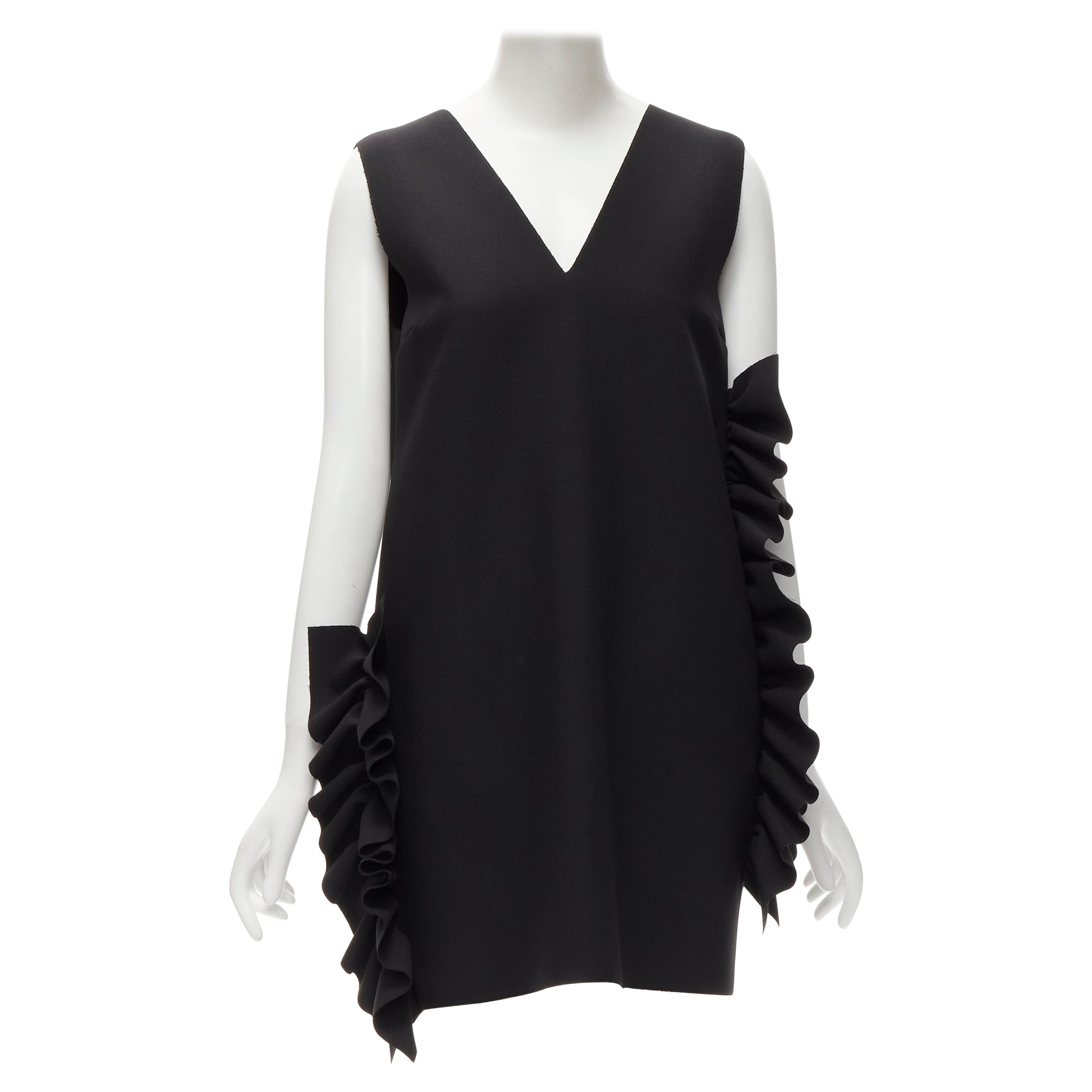 MSGM black structured ruffles V neck logo zip mini dress IT40 S For Sale