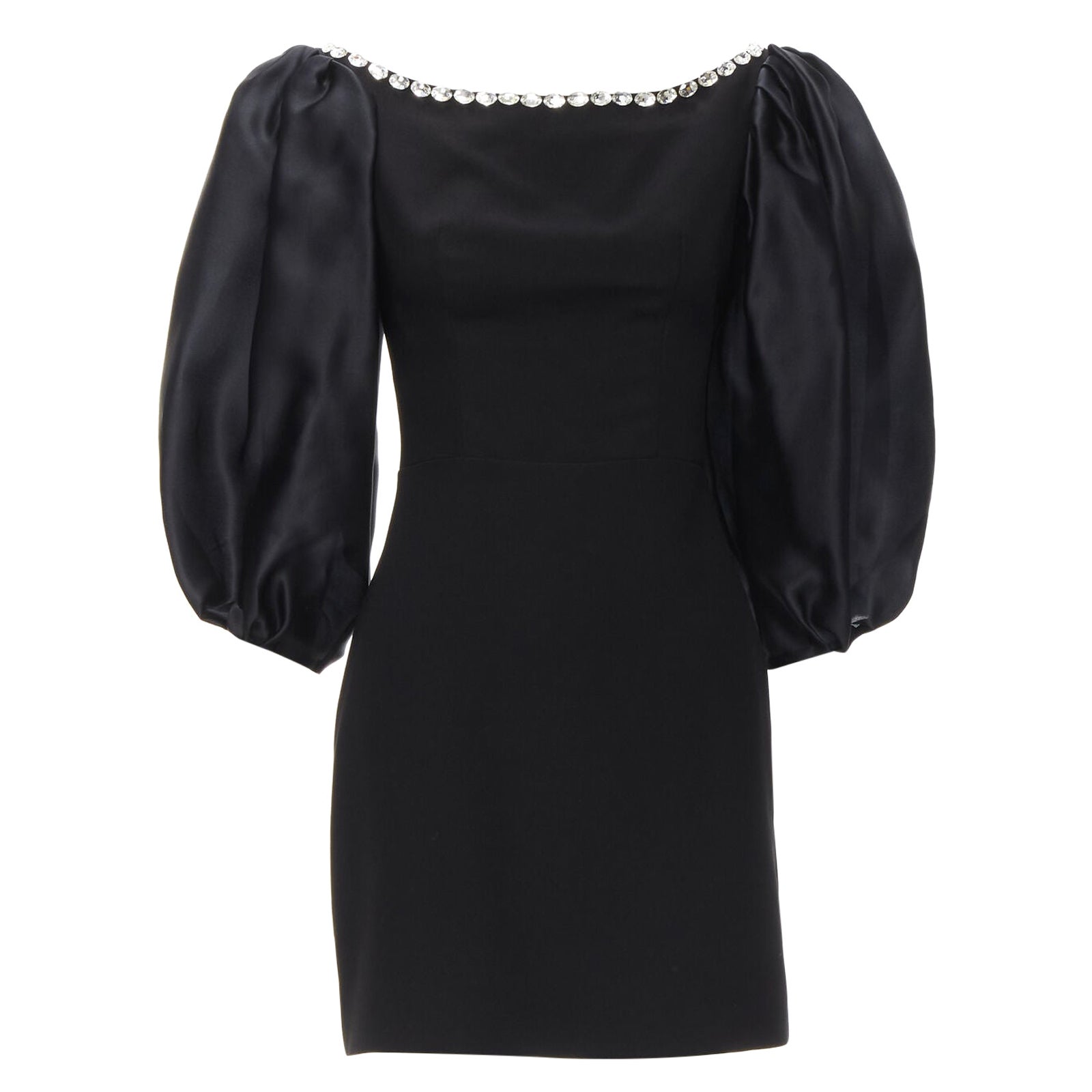 RASARIO black crystal embellished neckline puff balloon sleeves dress FR36 S For Sale