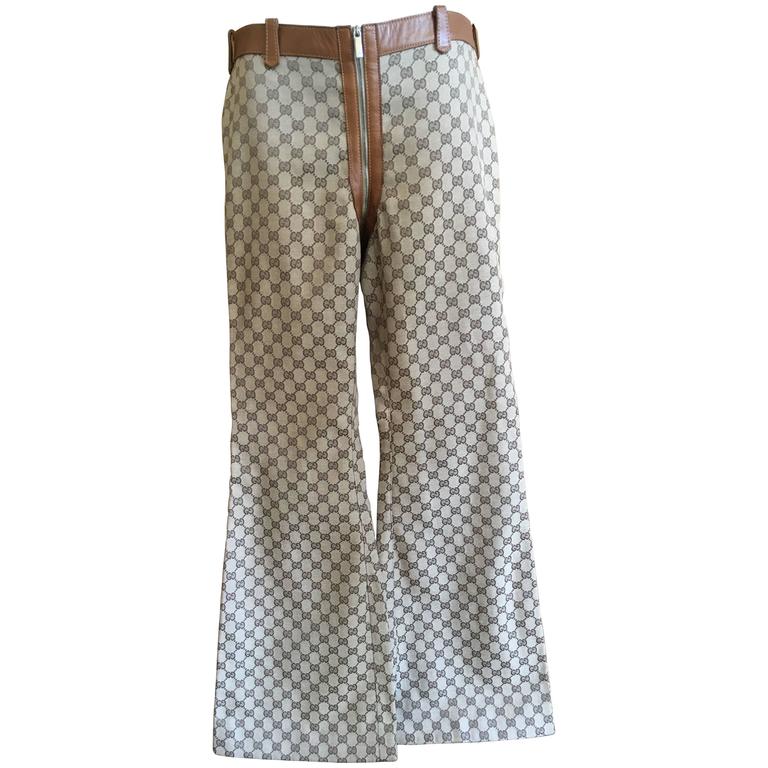 Gucci by Tom Ford Leather Trim Wide Leg Pant in GG Logo at 1stDibs