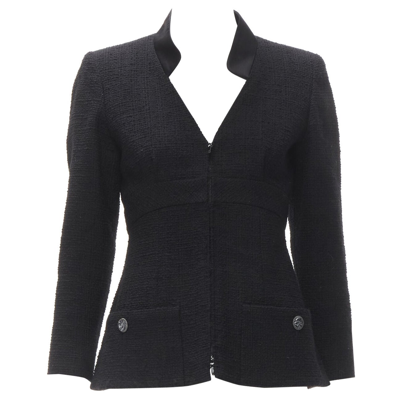 CHANEL 17C Paris Cuba lattice tweed Coco satin collar little black jacket FR36 S For Sale
