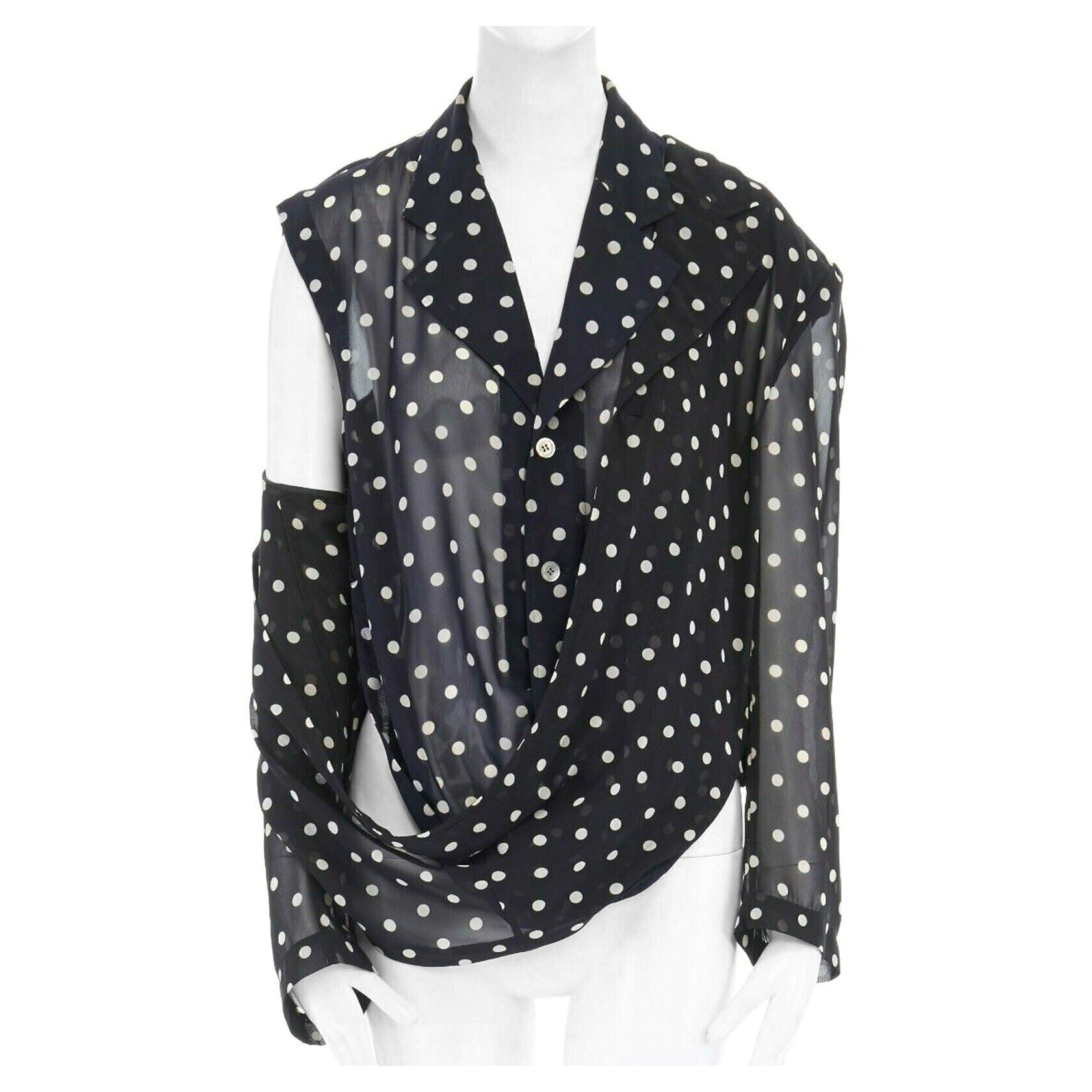 COMME DES GARCONS 1988 black navy polka dot dual layer draped front blazer S For Sale