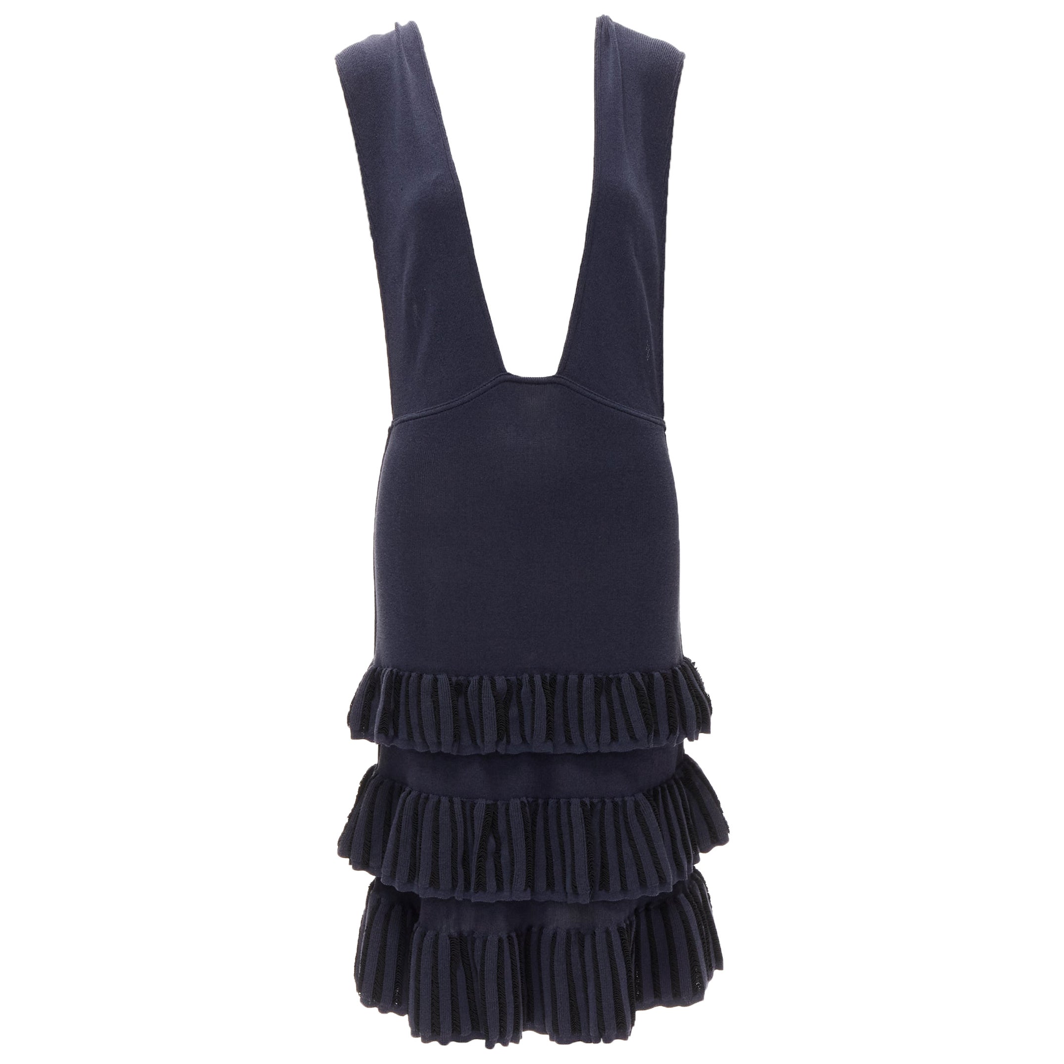 AZZEDINE ALAIA Vintage 1980's navy knitted tiered ruffles plunge neck dress For Sale