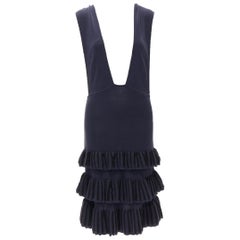 AZZEDINE ALAIA Vintage 1980's navy knitted tiered ruffles plunge neck dress