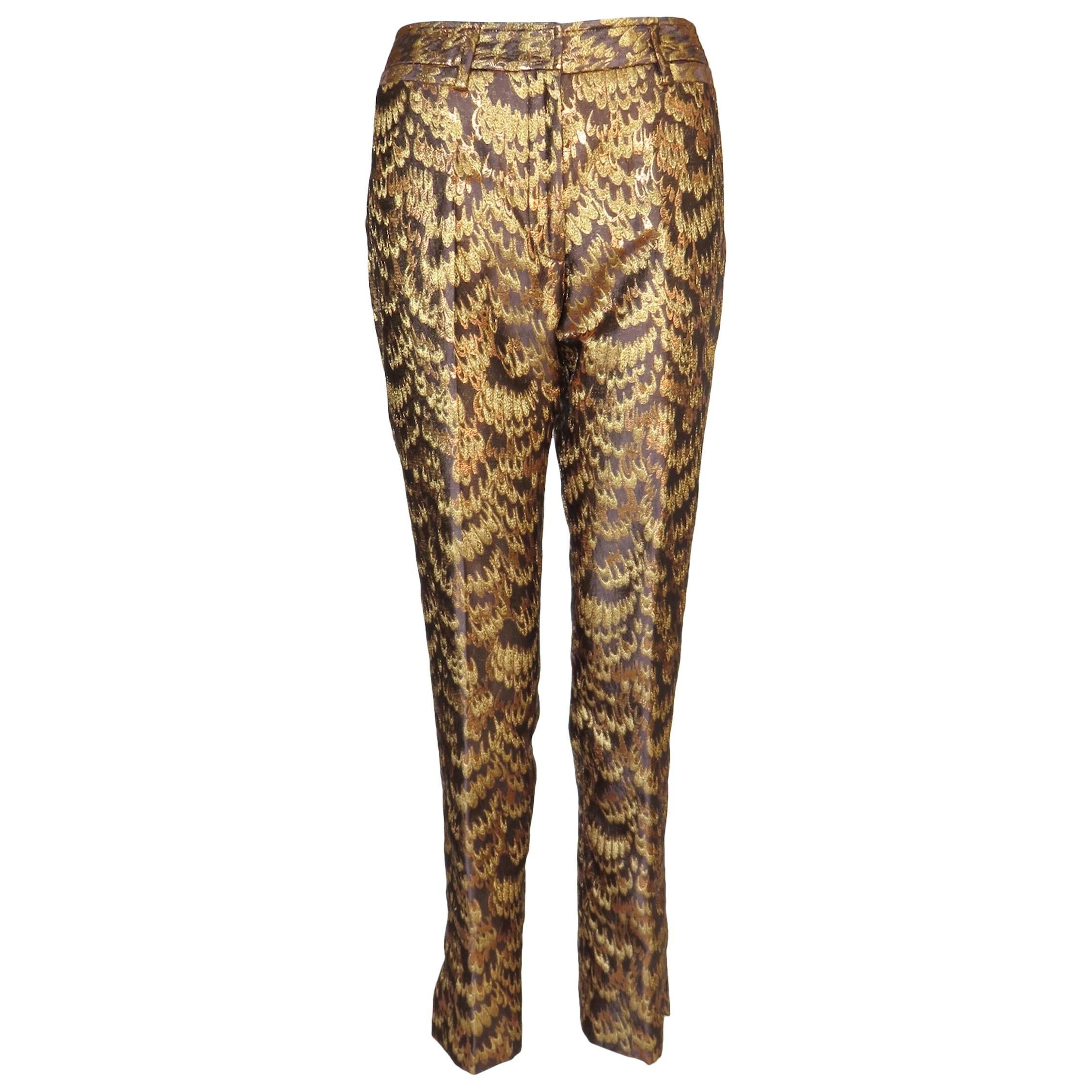 DOLCE & GABBANA Golden brocade feather jacquard pants For Sale