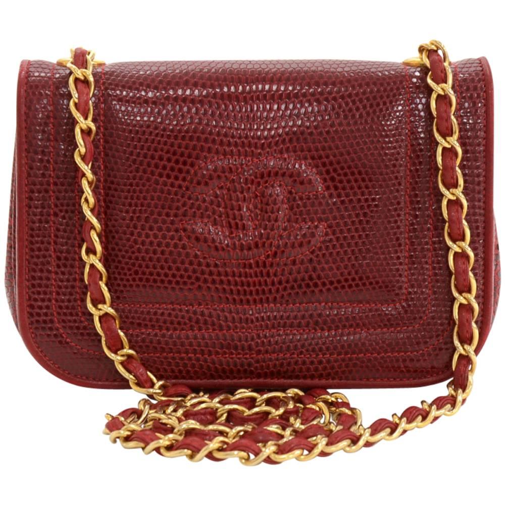 Vintage Chanel Red Lizard Leather Shoulder Mini Flap Bag at 1stDibs