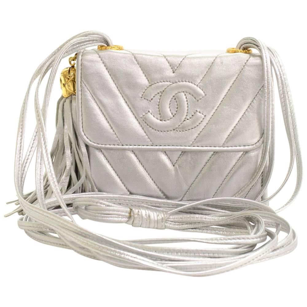 Vintage Chanel Flap Silver Metallic Quilted Leather Fringe Mini Shoulder Bag