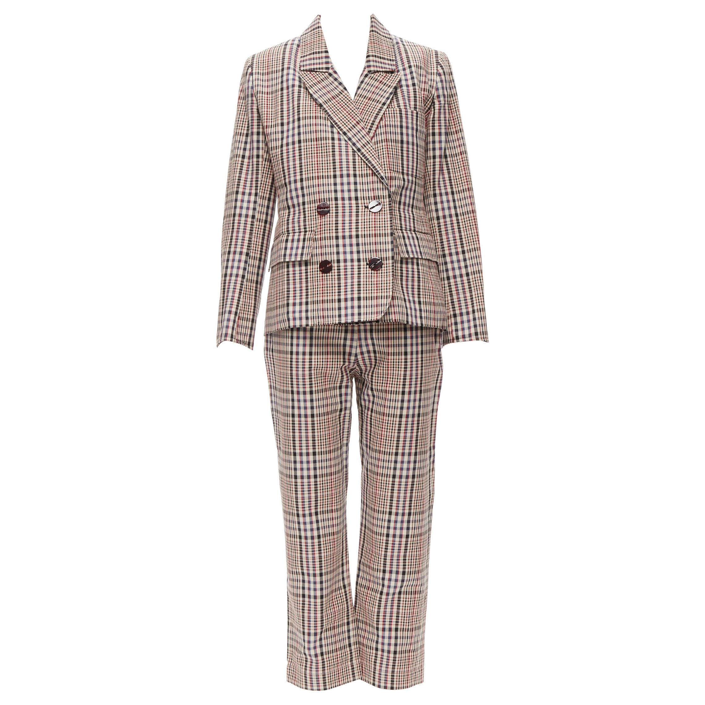 ISA ARFEN beige black red checkered double breasted blazer pants set 8 IT40 For Sale