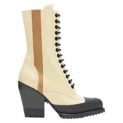 new CHLOE Runway Rylee cream brown leather block heel heel rubber toe boot EU41
