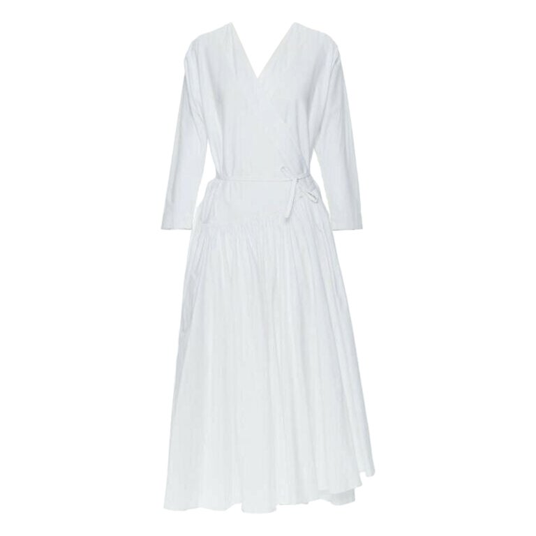 ROSETTA GETTY white cotton wrap front self tie flared casual midi day dress XS For Sale