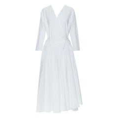 ROSETTA GETTY white cotton wrap front self tie flared casual midi day dress XS