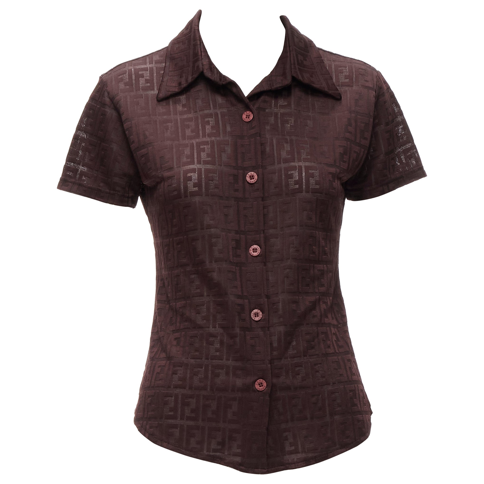 FENDI JEANS Vintage Y2K burgunderrotes FF Zucca intarsienbesetztes Polohemd im Angebot