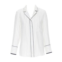 FRAME 100% silk white black vertical stripe black piping casual pyjama shirt XS