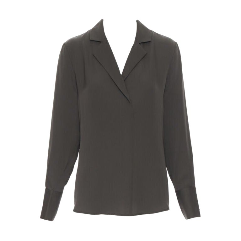 new FRAME Dark Moss green 100% silk spread collar popover shirt blouse XS For Sale