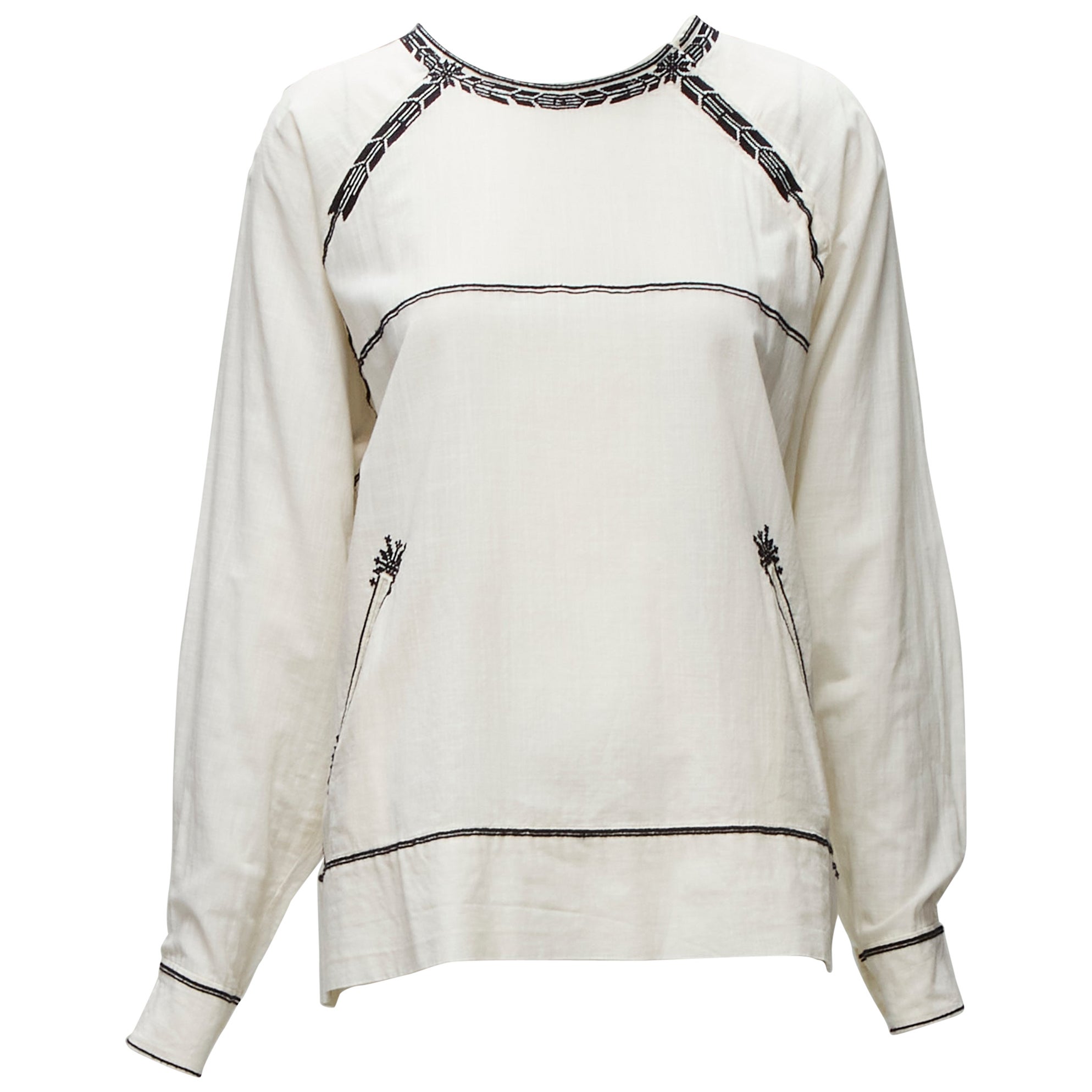 ISABEL MARANT ETOILE black embroidery cream cotton pocketed boho top FR36 S For Sale
