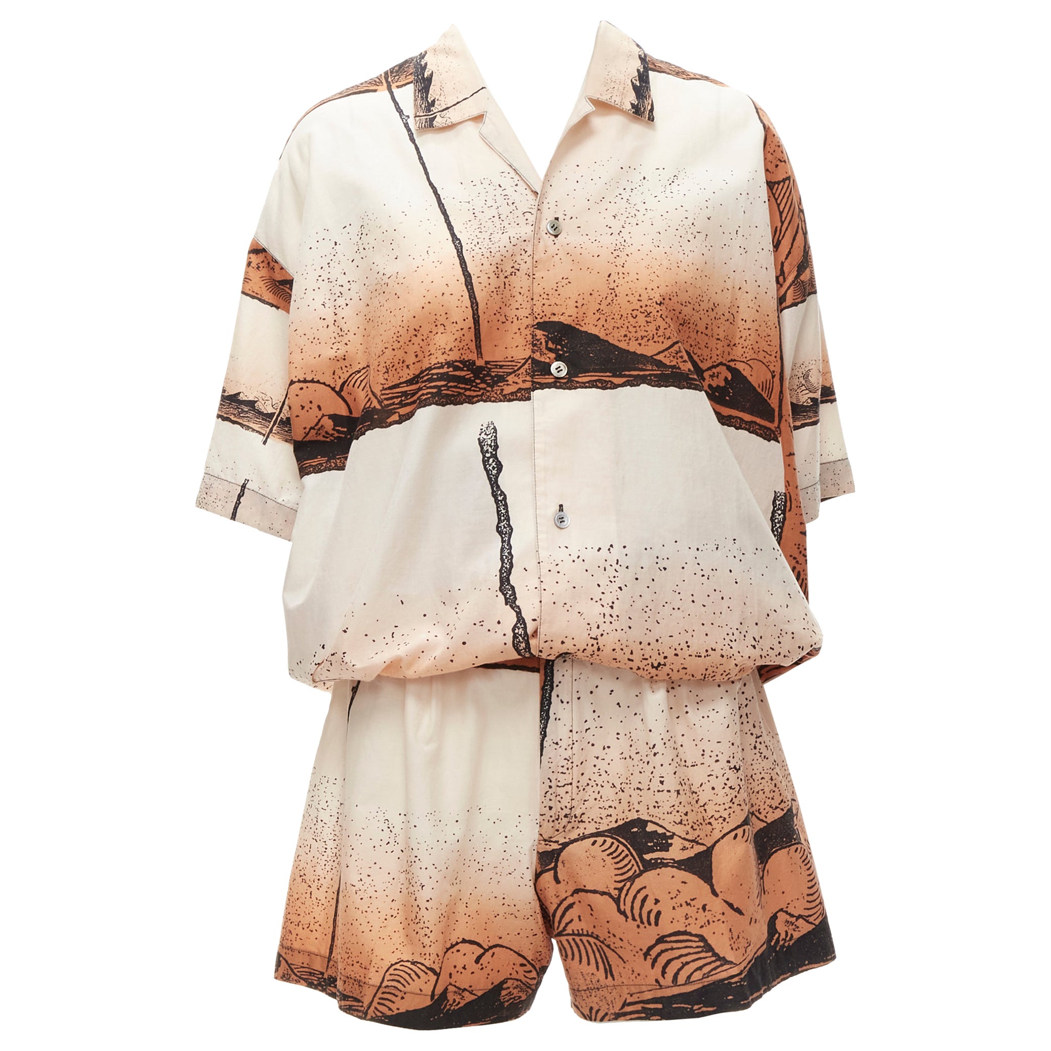 ISSEY MIYAKE 1980er Jahre Vintage Japanische Hemd Shorts aus Holzschnitt mitombre- Meeresdruck M im Angebot