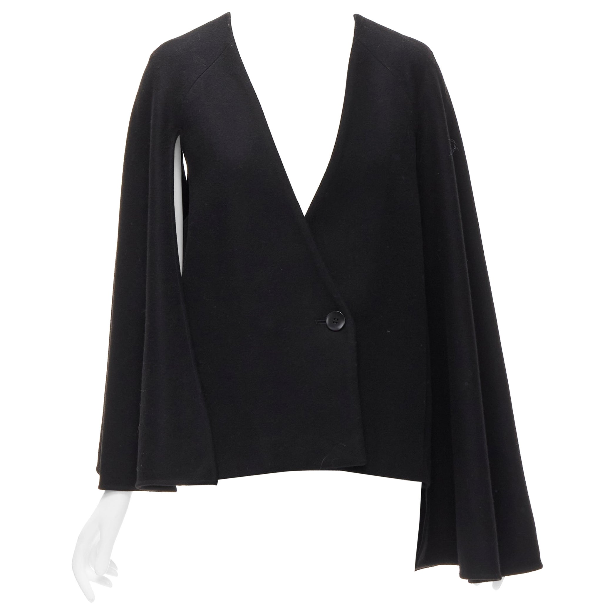 TIBI black virgin wool blend asymmetric cape sleeve button blazer jacket S For Sale