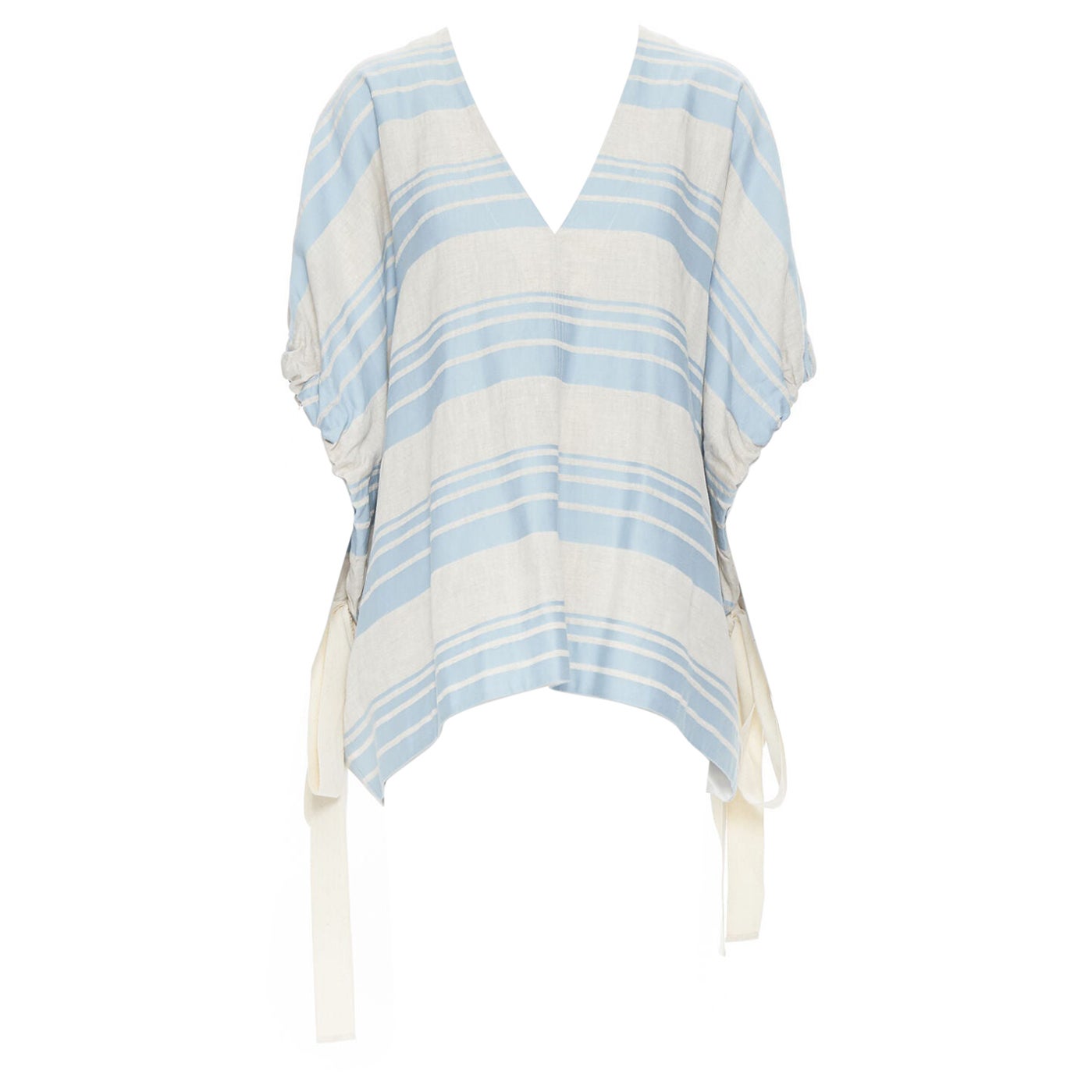 LEE MATTHEWS light grey blue striped linen cotton drawstring poncho top US0 XS For Sale