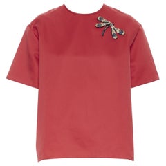 ROCHAS dragonfly crystal embellished red polyester short sleeve boxy top IT38 XS