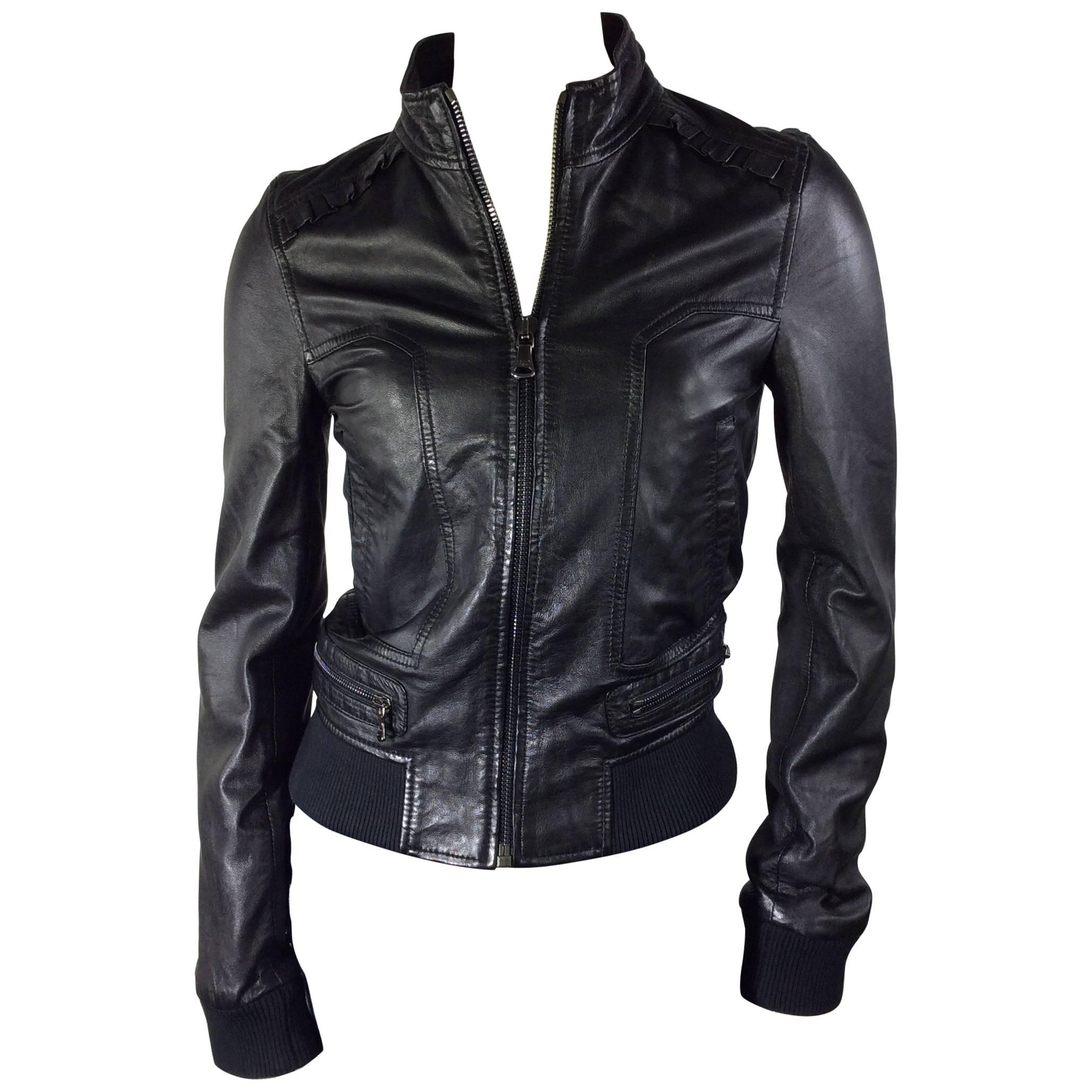 Dolce and Gabbana Black Leather Motorcycle Jacket For Sale