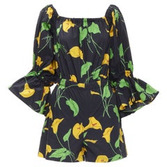 LE DOUBLE J Mantero black green yellow leaf print cotton flared cuff romper XS