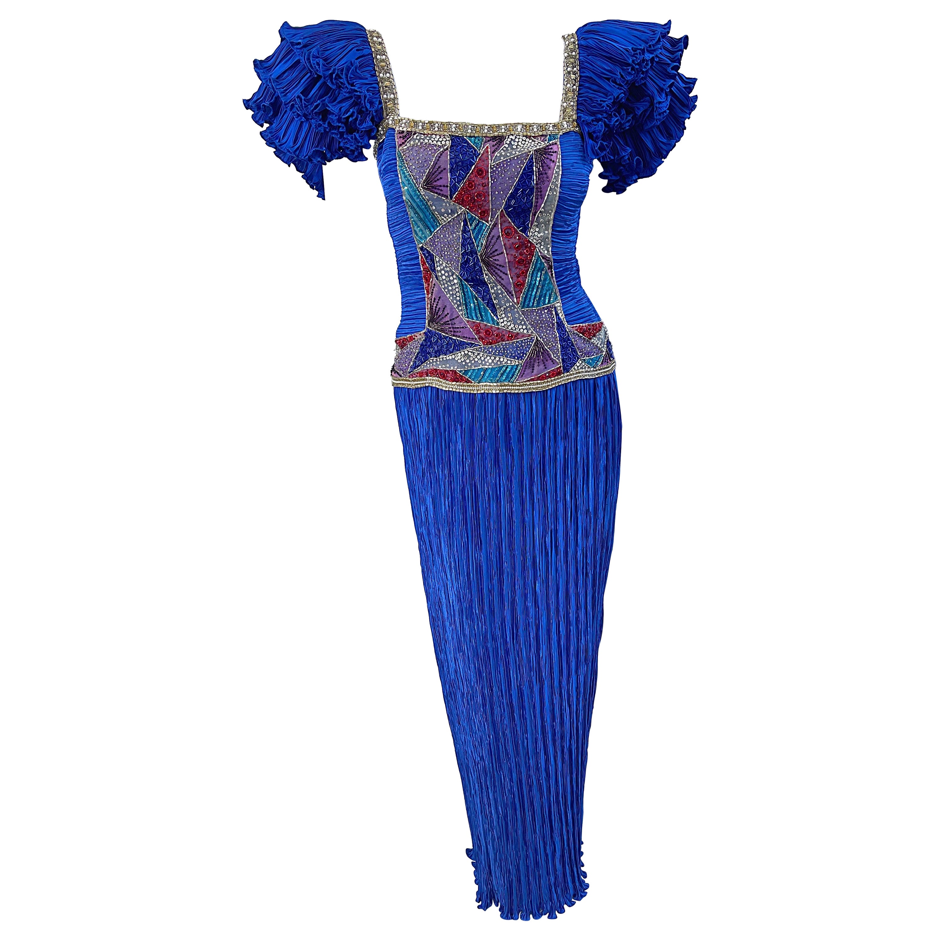 1980s Mary McFadden Royal Blue Fortuny Pleated Size 2 / 4 Mosaic Vintage Gown  For Sale