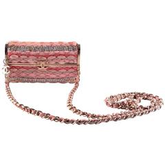 Chanel Box Bag Pink Crystal Leather Tweed Chain Gold CC Minaudiere Handbag