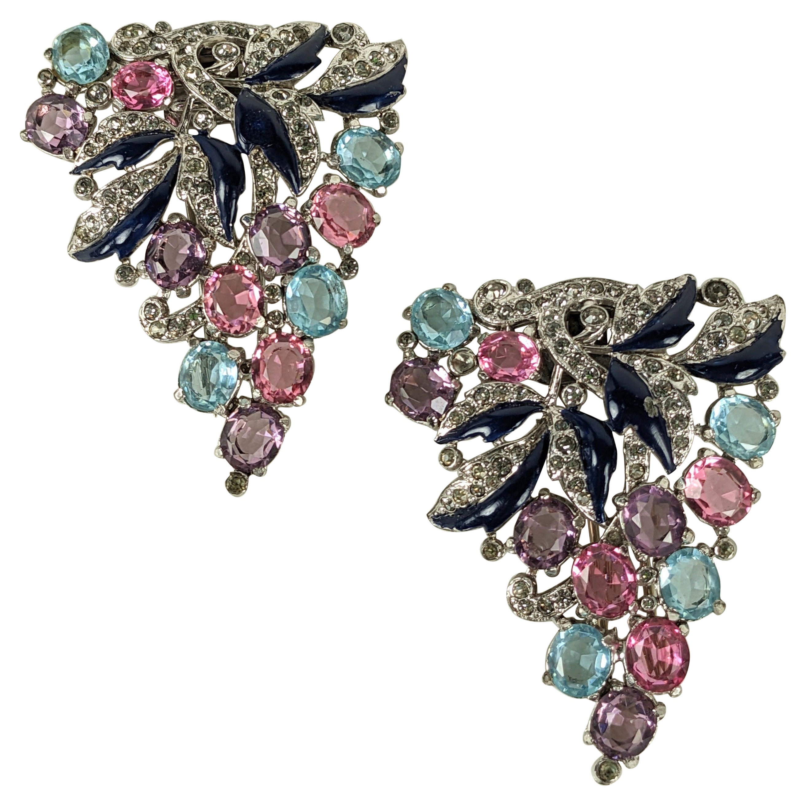 Trifari Enamel Jeweled Clips, Alfred Phillipe For Sale