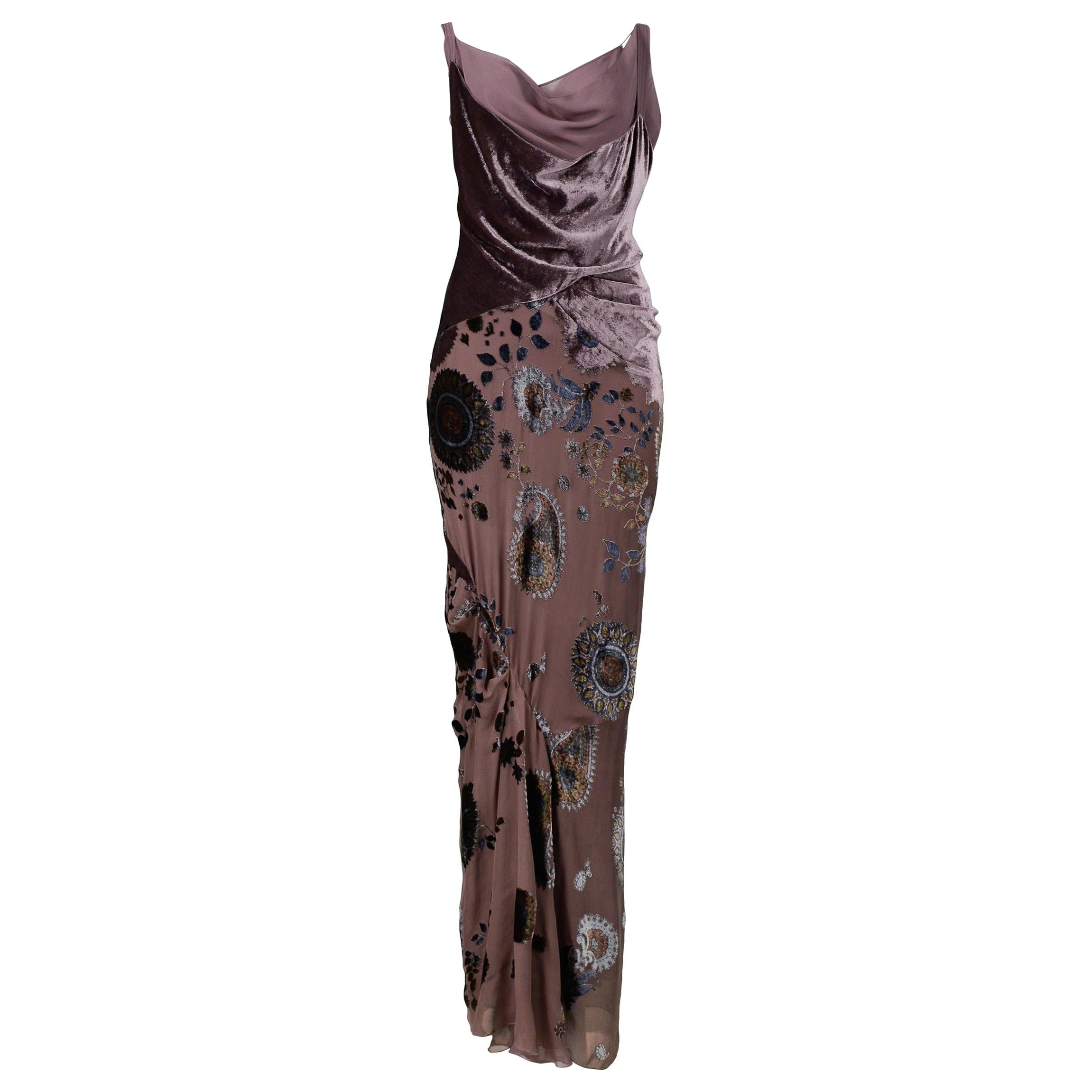 Christian Dior Taupe Velvet Floral Devore Gown 2005 For Sale
