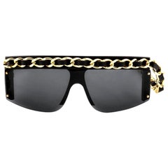 Chanel Black and Gold Rare Retro Runway Long Chain Necklace Sunglasses