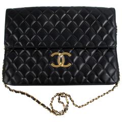 Chanel Maxi Bag - Black Leather Vintage Flap Quilted CC Gold Chain Jumbo Clutch