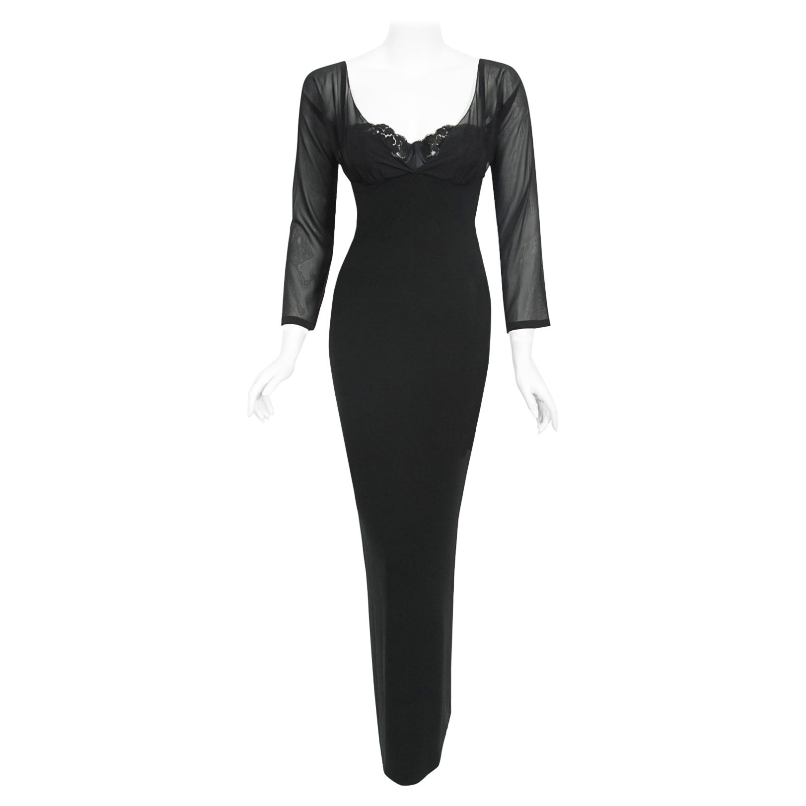 Vintage 2001 Dolce & Gabbana Sheer Black Silk Built-In Bra Plunge Hourglass Gown For Sale