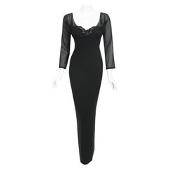 Vintage 2001 Dolce & Gabbana Sheer Black Silk Built-In Bra Plunge Hourglass Gown